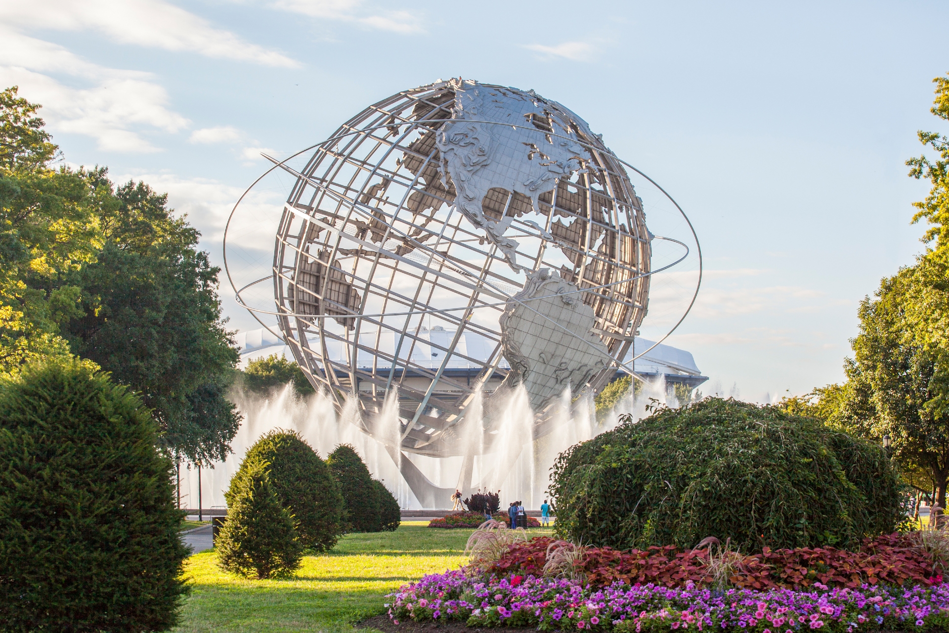 Flushing Meadows Corona Park with the Unishere and the fountain surrounding the globe which is the largest man made globe in the world