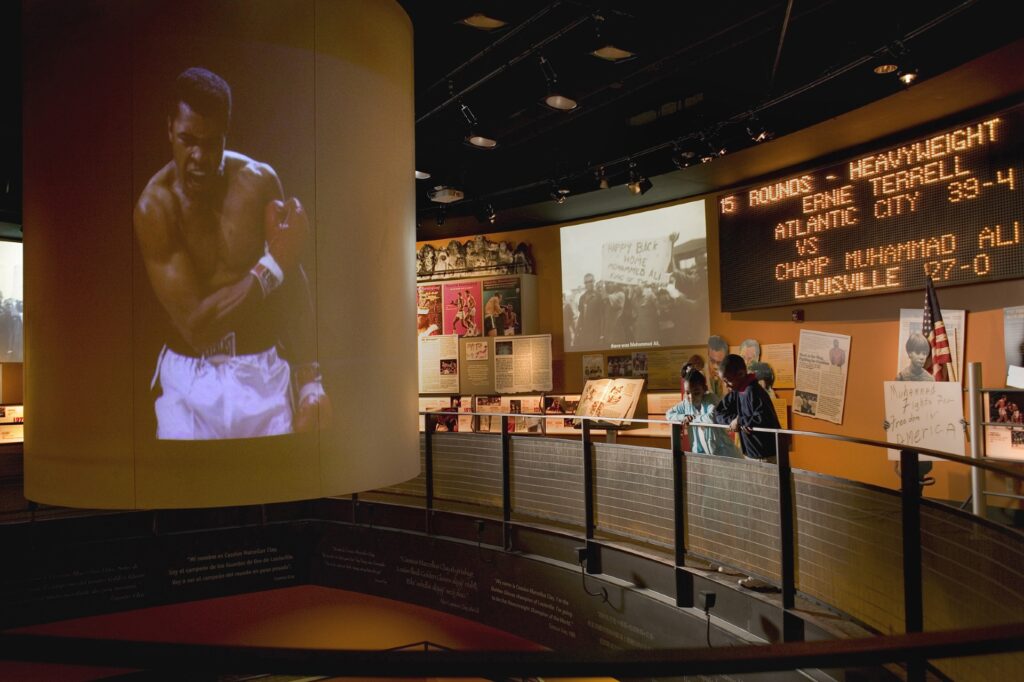Louisville kentucky Muhammad Ali Center Inside show a giant image of Muhammad Ali on the wall