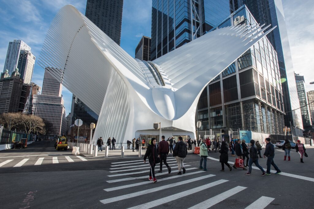 Lower Manhattan The Oculus with the architect wanting the memorial train hub and shopping complex to be indicative of a human hand letting a dove fly