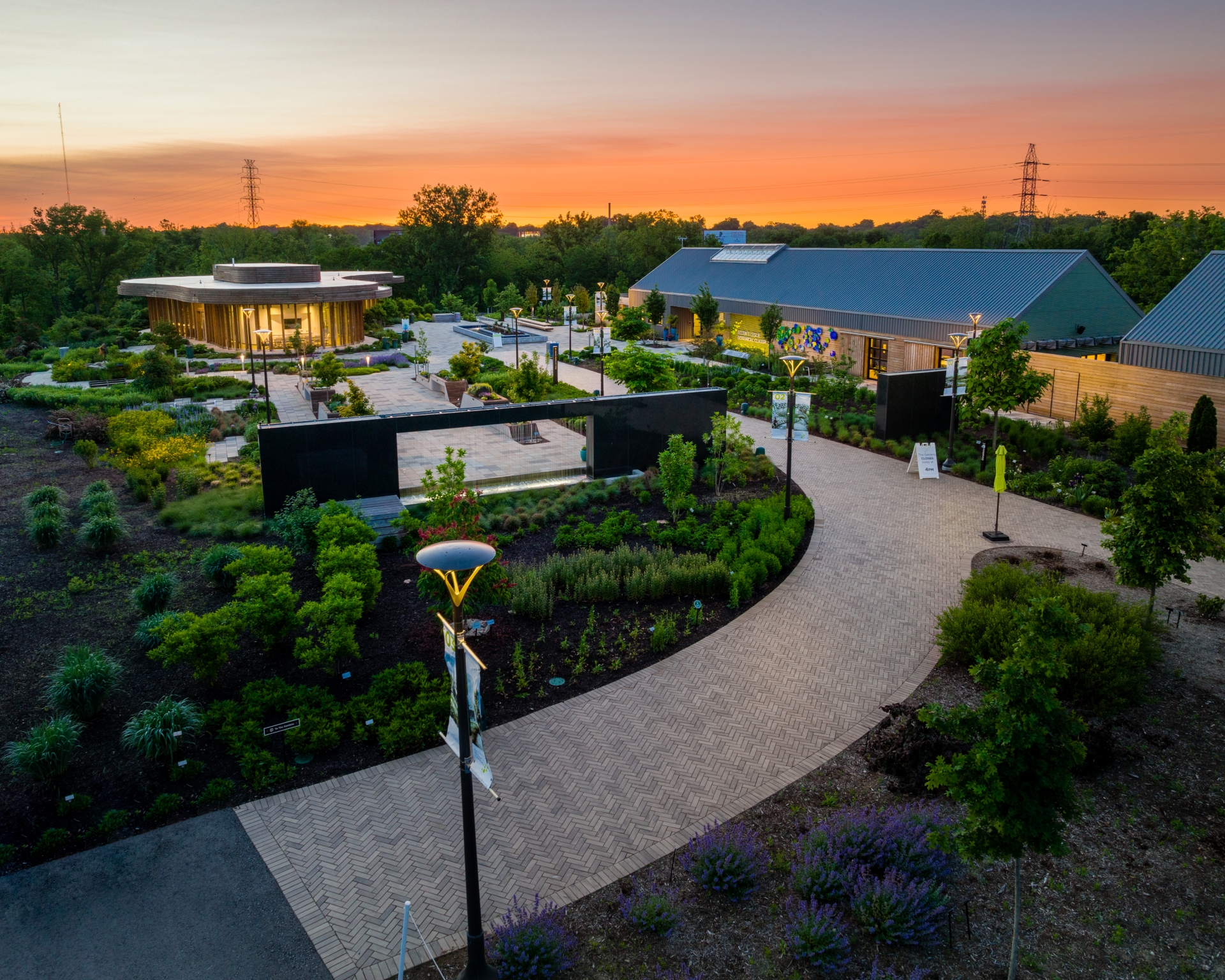 Waterfront Botanical Gardens with the sunset in the distance in Louisville Kentucky