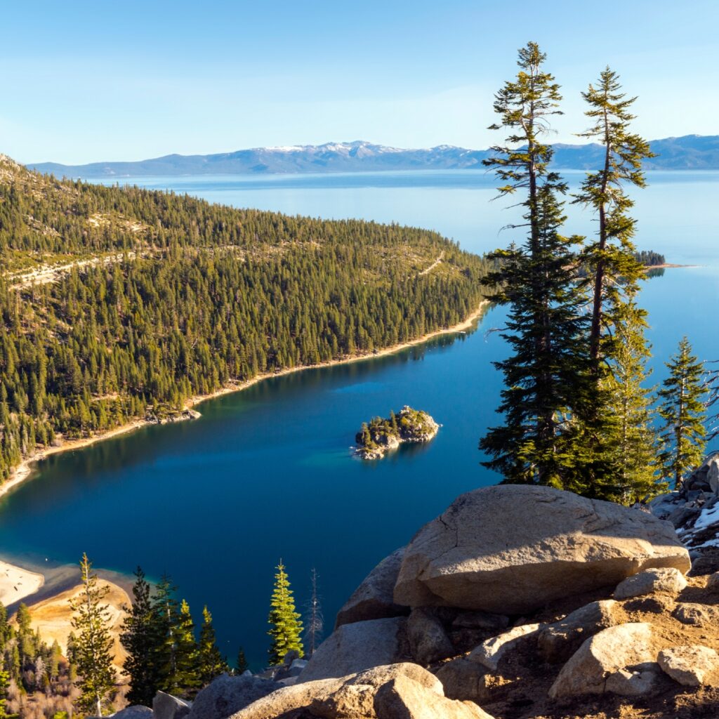 Scenic views of Emerald Bay stunning scenery of Lake Tahoe in the South with the little island in the middle of the bay