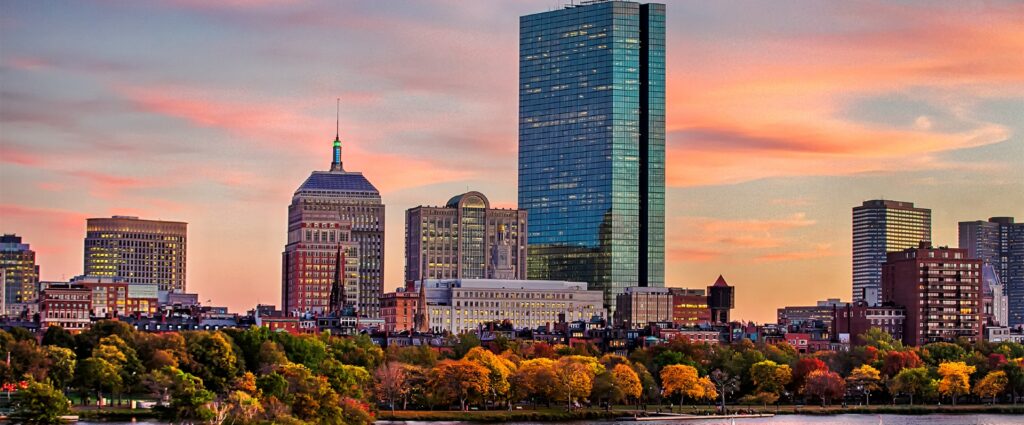 Boston Skyline with a beautiful sunset sky