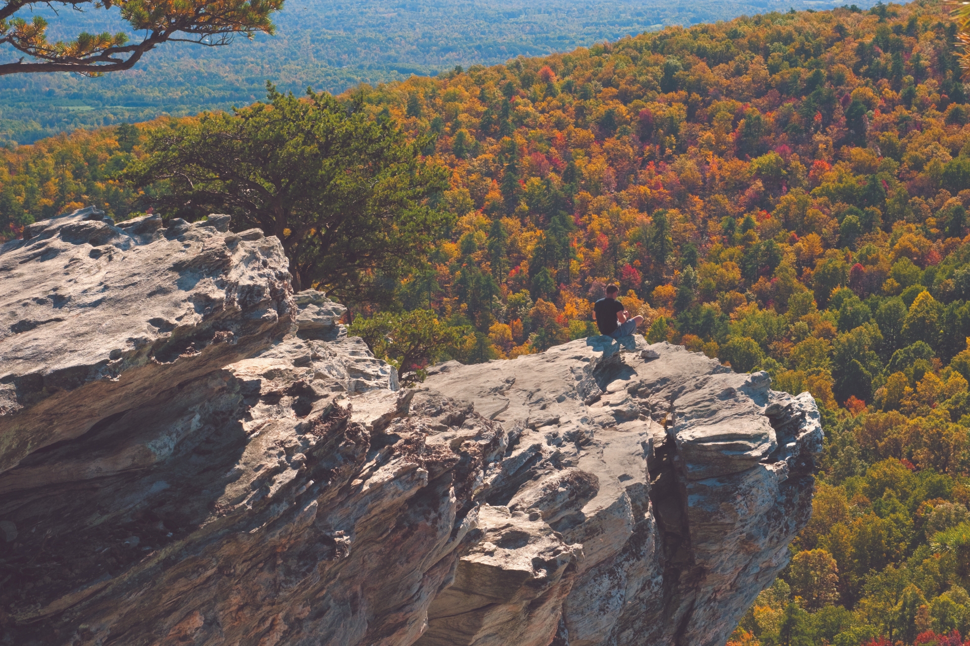 Hanging Rock View from Side Aerial Man Fall Color Stokes County North Carolina
