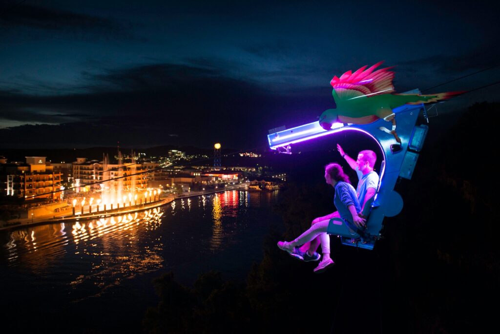 Parakeet Petes Waterfront Zipline at night Branson Missouri Image By Branson Convention Visitors Bureau