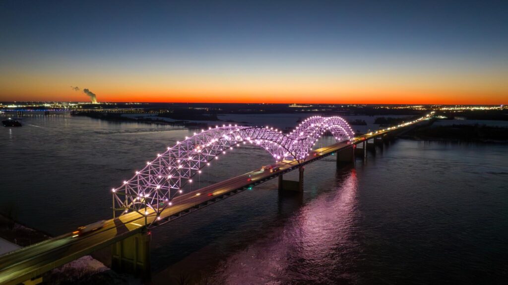 Memphis Bridge at sunset with snow Credit Julian Harper Memphis Tourism