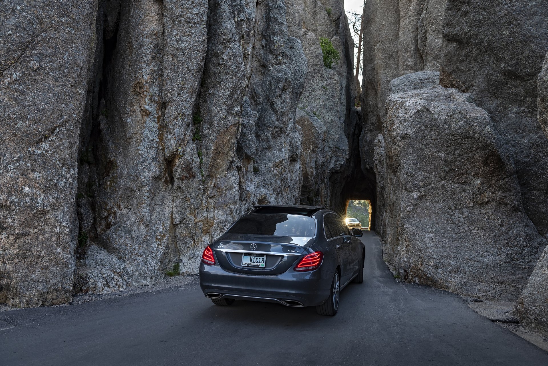 Driving through the Needles Highway Tunnel in South Dakota