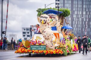 Portland Rose Festival rose parade float burnside bridge Image ByDiego Diaz Travel Portland Tourism