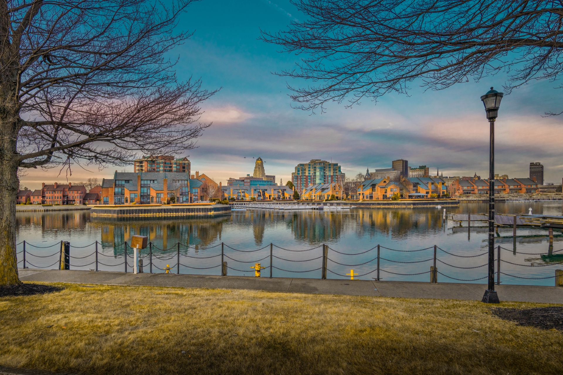 Skyline of Buffalo New York State showing the waterfront at sunset looking back at the city
