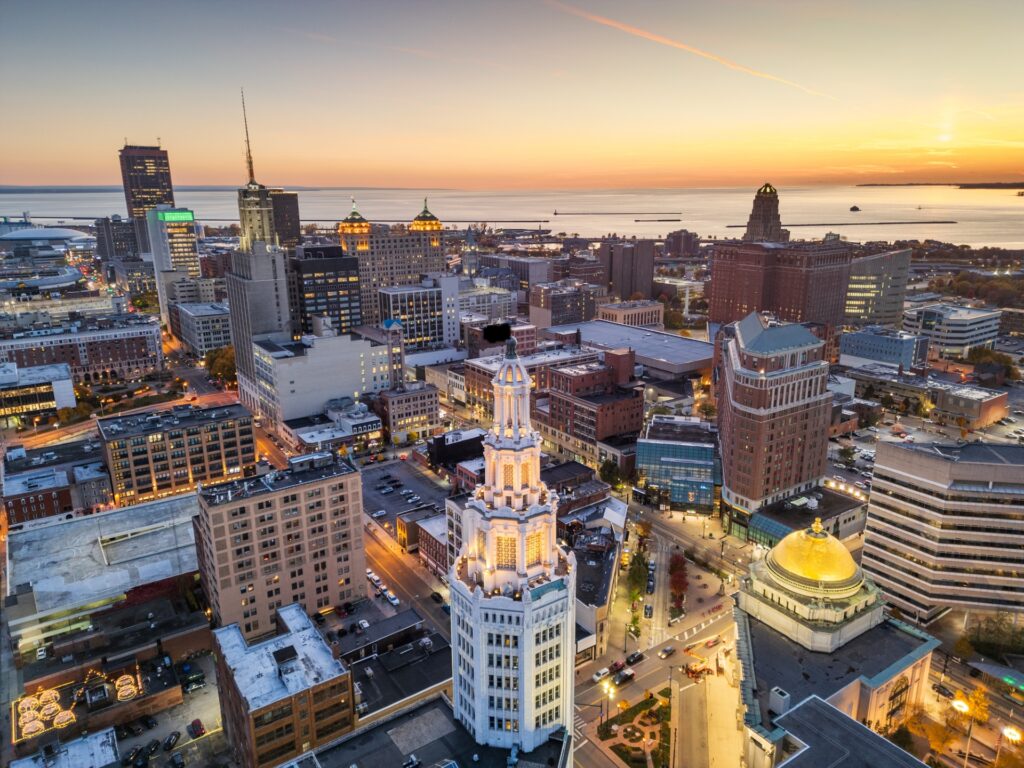 Buffalo New York State showing the city at sunset with the lights just starting to twinkle