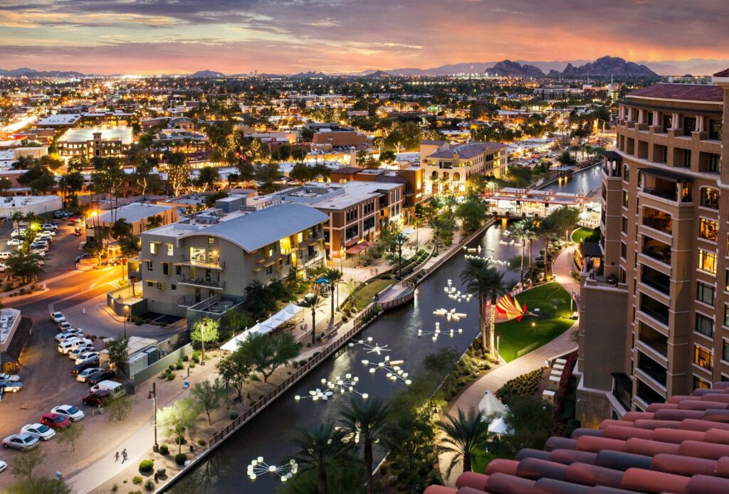 Scottsdale Waterfront Aerial at Dusk AZ Image by Experience Scottsdale