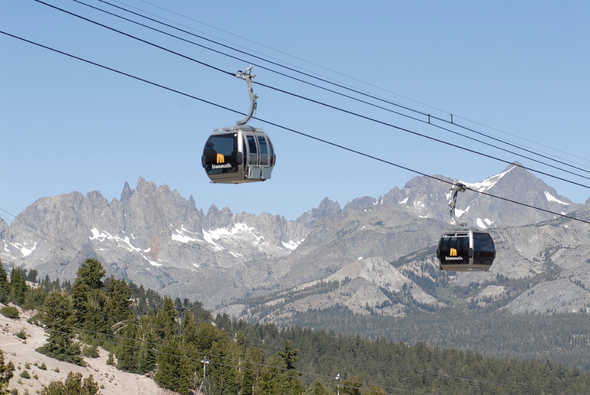 Summer gondola Mammoth Lakes looking toward the Minaret peaks