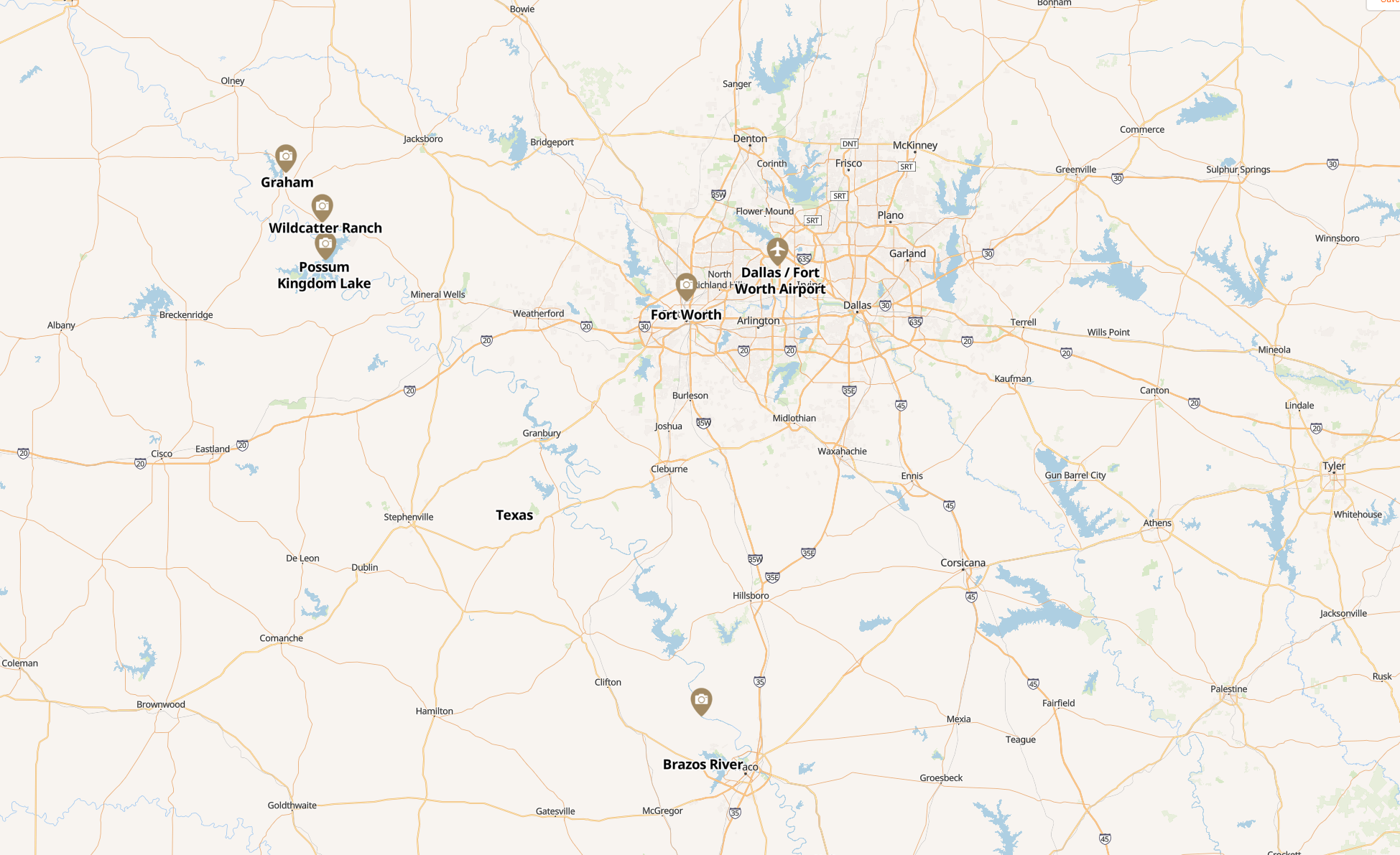 Wildcatter Ranch Map showing Texas ranch in relation to Dallas & Fort Worth