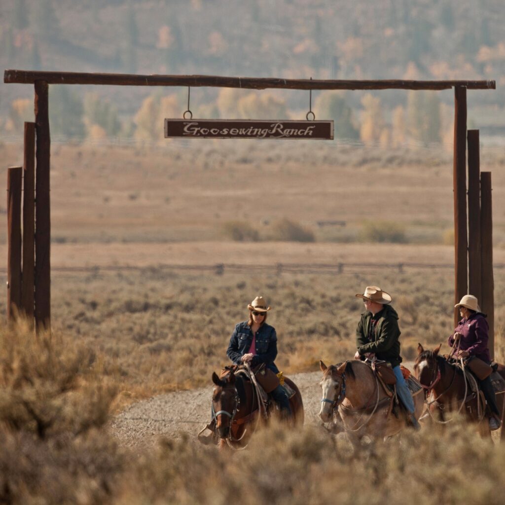 Goosewing Ranch in Wyoming USA showing entry land horse riders