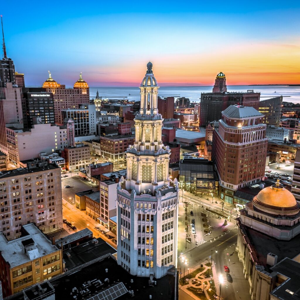 Ele Tower Cirtscape Sunset City of Buffalo with stunning sunset in the background