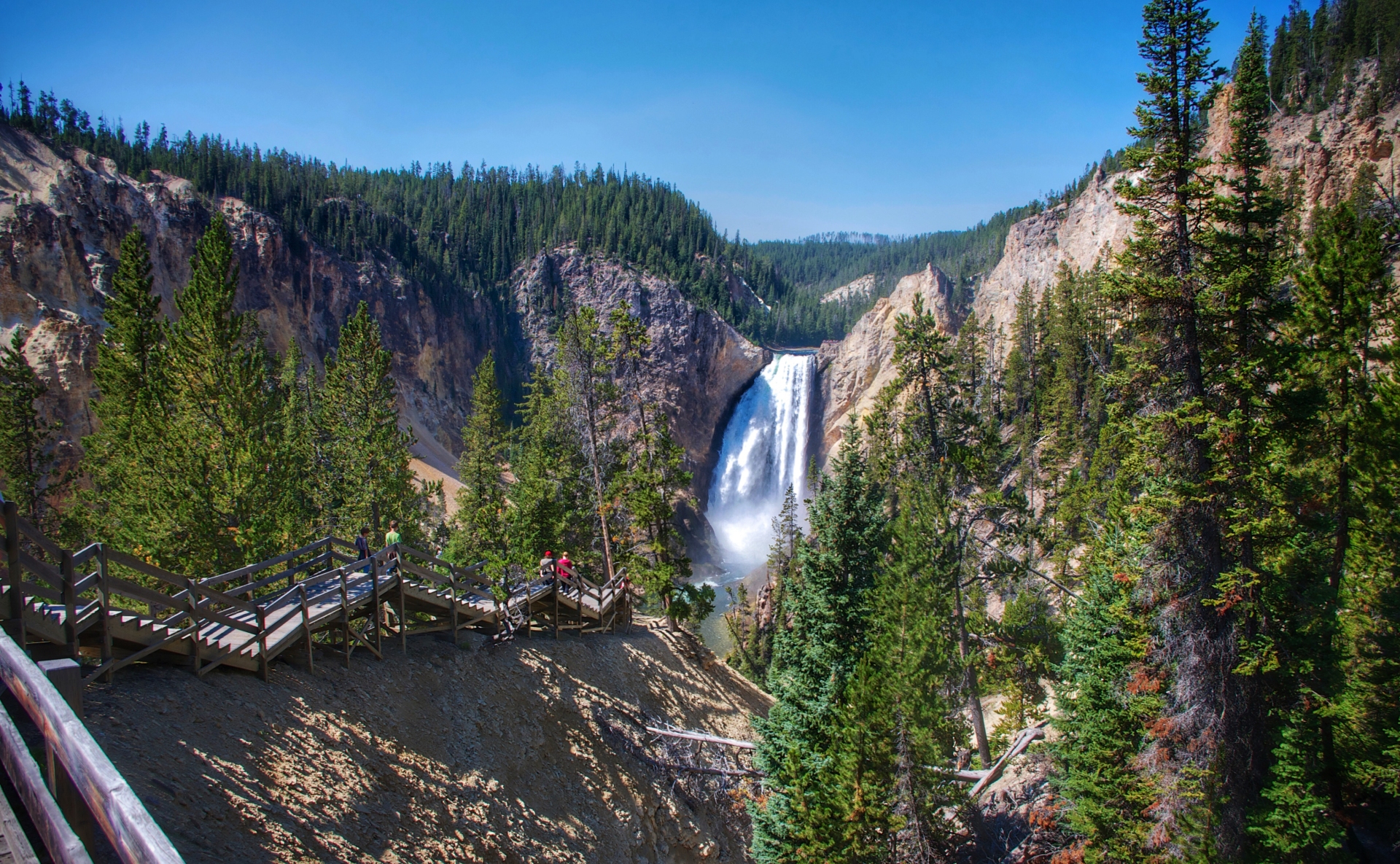 Yellowstone waterfalls lower falls walking trail WY Purchased from iStock 1287463603